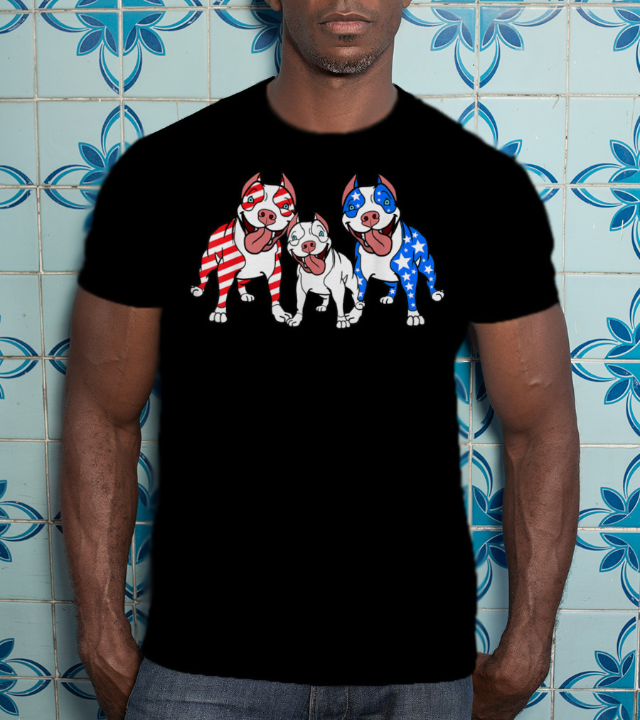 Pitbulls American Flag Red White Blue Patriotic T-Shirt