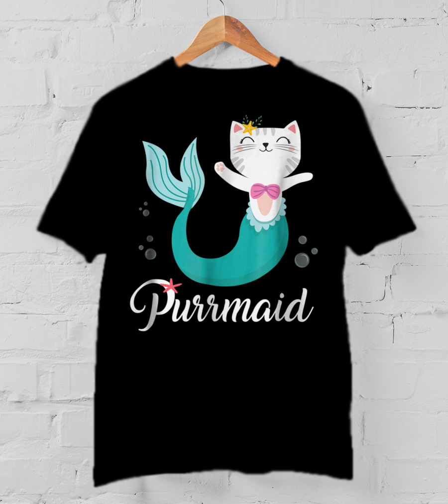 Purrmaid Cat Mermaid For Girls With Star And Bow T-Shirt