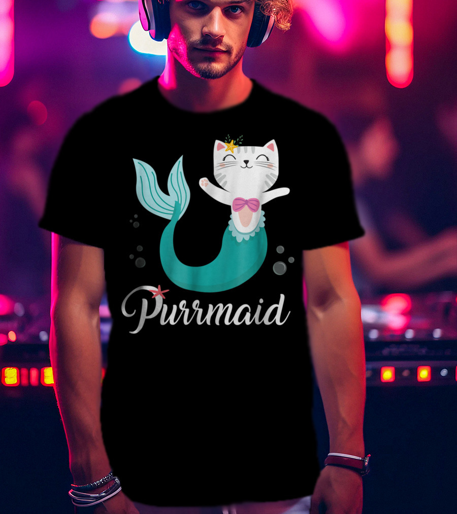 Purrmaid Cat Mermaid For Girls With Star And Bow T-Shirt