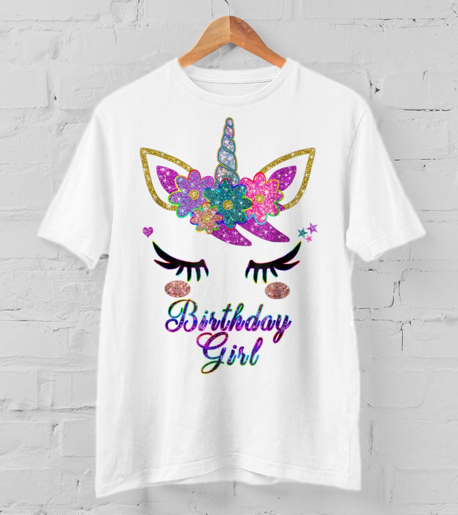 Rainbow Glitter Unicorn Birthday Girl Flowers Stars T-Shirt