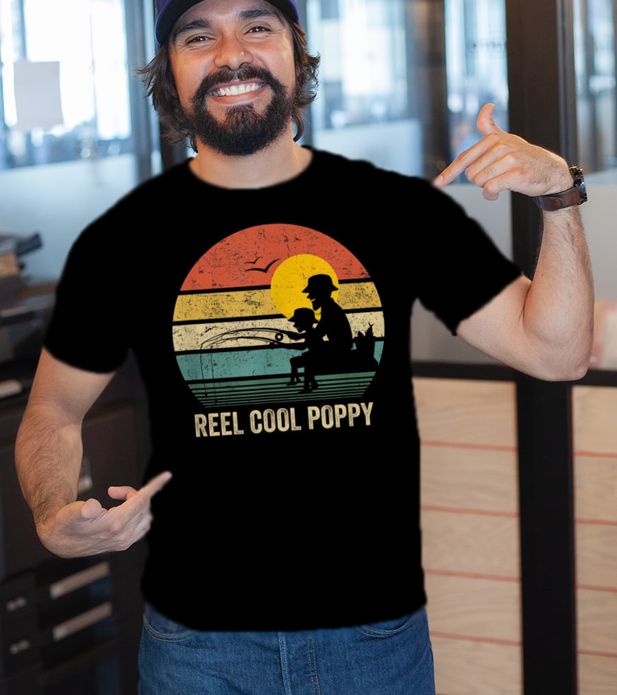 Reel Cool Poppy Vintage Fisherman Father's Retro Style Sun T-Shirt