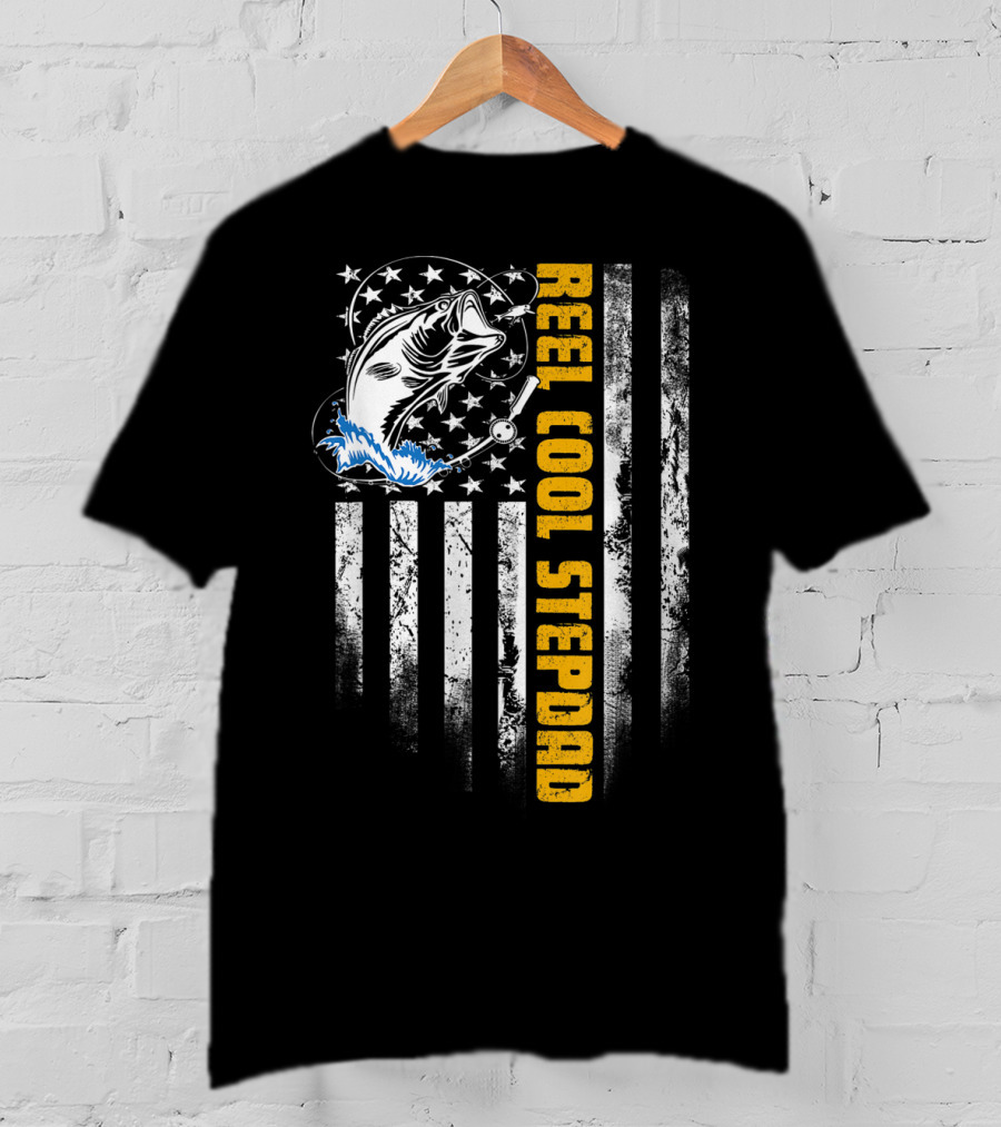 Reel Cool Stepdad USA Flag Fish Fishing Rod Stars Stripes T-Shirt