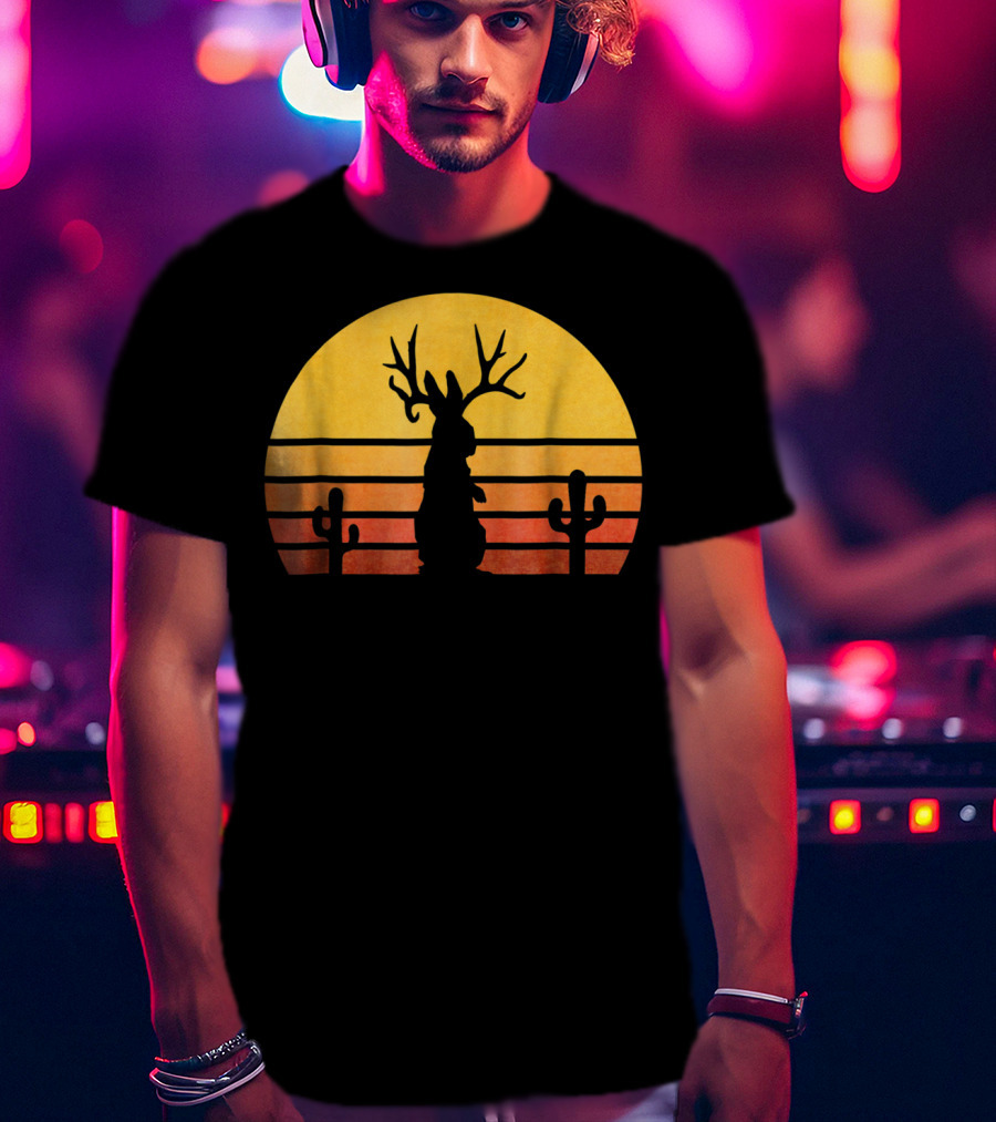 Retro Eighties Sunset Jackalope Silhouette With Cactus Vintage Cryptid T-Shirt