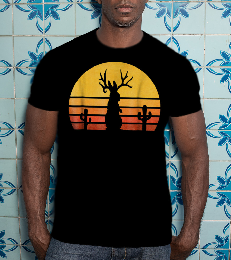 Retro Eighties Sunset Jackalope Silhouette With Cactus Vintage Cryptid T-Shirt