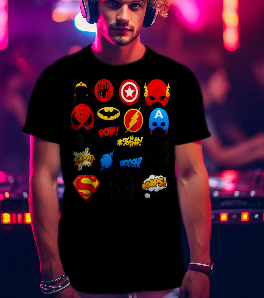 Superheroes Icons Spider Captain Batman Flash Wonder Emoji KABOOM POW OOOOPS Super T-Shirt