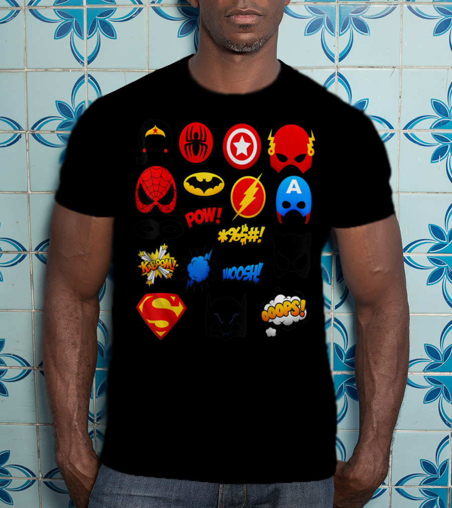 Superheroes Icons Spider Captain Batman Flash Wonder Emoji KABOOM POW OOOOPS Super T-Shirt
