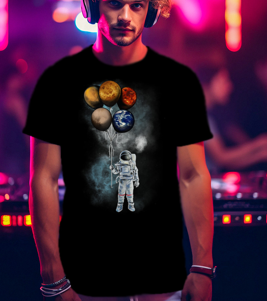 The Spaceman's Adventure Holding Planet Balloons In Outer Galaxy T-Shirt