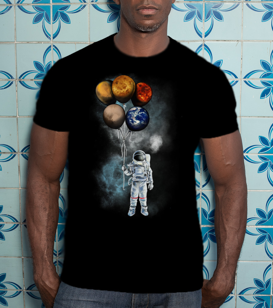 The Spaceman's Adventure Holding Planet Balloons In Outer Galaxy T-Shirt