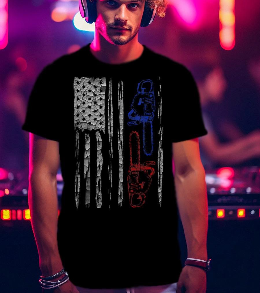 US FLAG CHAINSAW Lumberjack Logger Lumber Patriotic Chainsaws T-Shirt