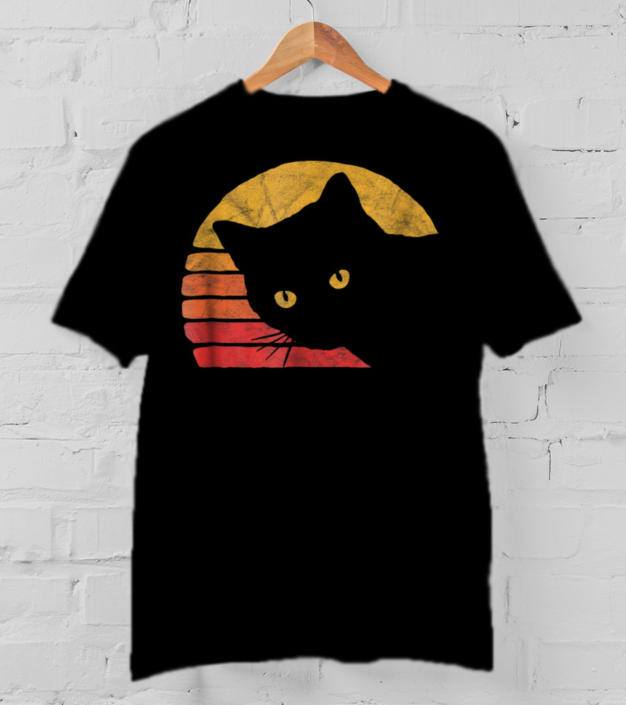 Vintage Eighties Style Cat Distressed Silhouette Retro Sunset T-Shirt