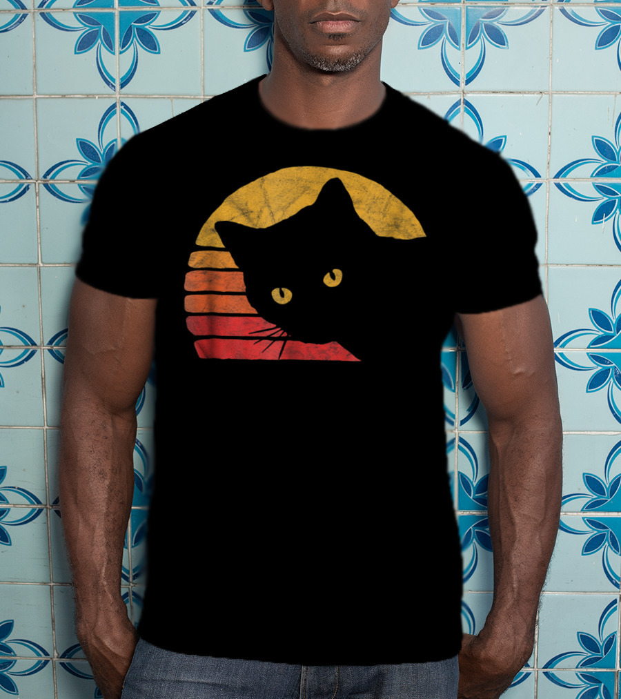 Vintage Eighties Style Cat Distressed Silhouette Retro Sunset T-Shirt