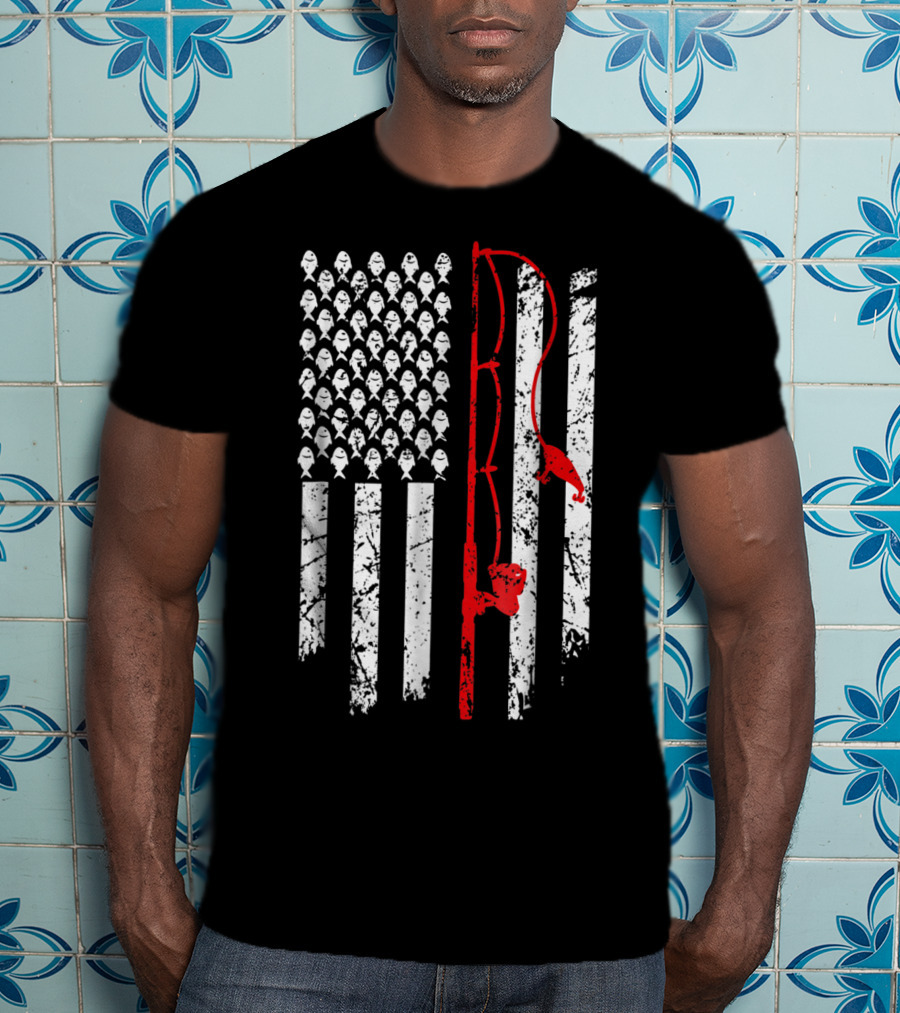 Vintage Fishing Clothes American Flag Bass Fishing Rod Fish T-Shirt