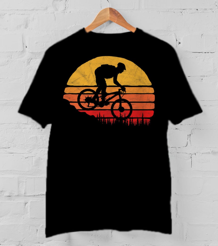 Vintage Mountain Biking Sunset Silhouette Forest Trail T-Shirt