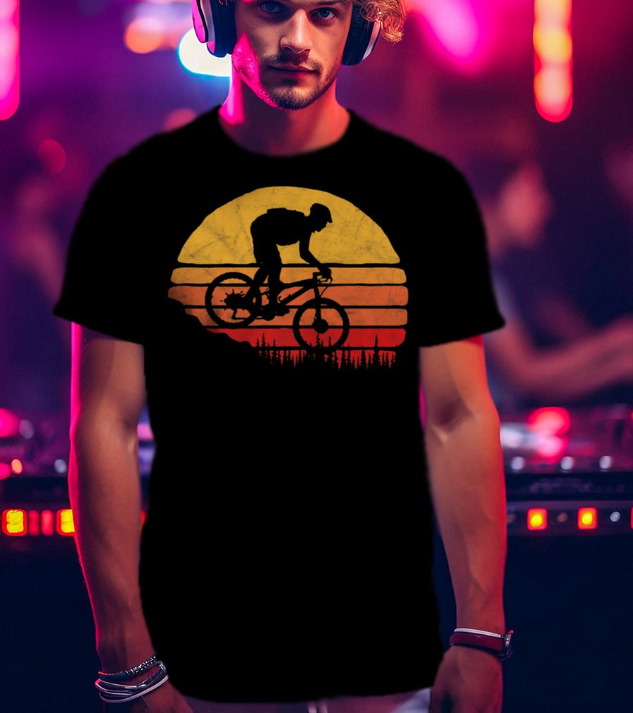 Vintage Mountain Biking Sunset Silhouette Forest Trail T-Shirt
