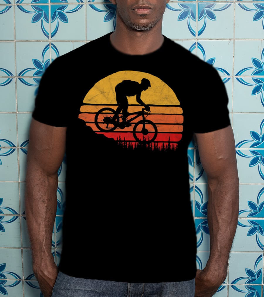 Vintage Mountain Biking Sunset Silhouette Forest Trail T-Shirt
