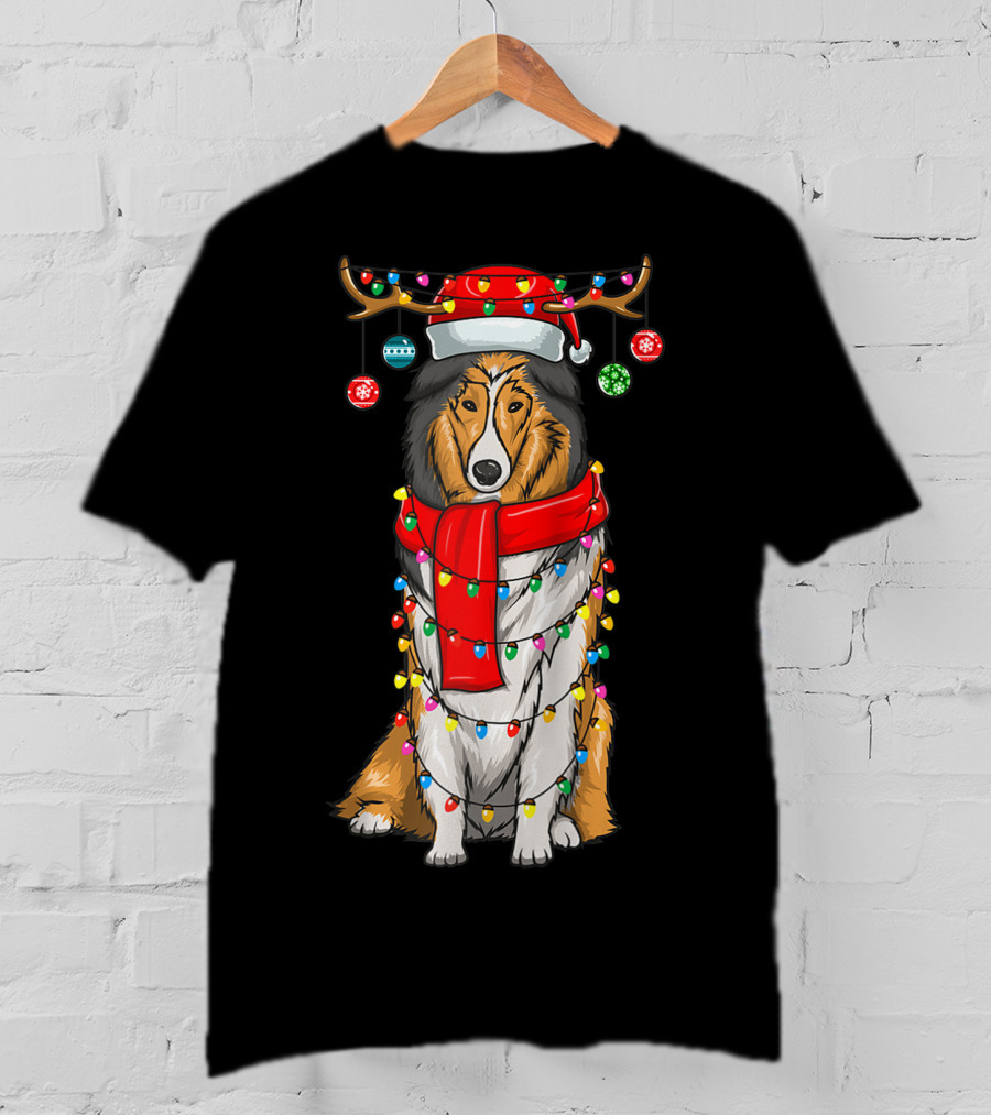 Christmas Cute Collie Dog Wrapped In Holiday Lights With Santa Hat And Antlers T-Shirt