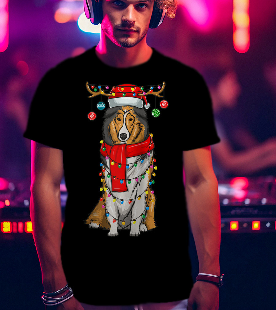 Christmas Cute Collie Dog Wrapped In Holiday Lights With Santa Hat And Antlers T-Shirt