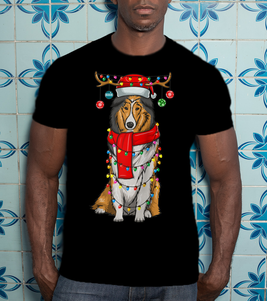 Christmas Cute Collie Dog Wrapped In Holiday Lights With Santa Hat And Antlers T-Shirt