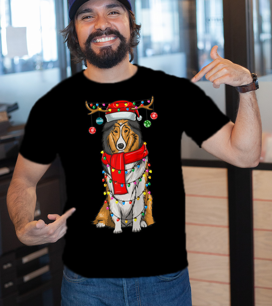 Christmas Cute Collie Dog Wrapped In Holiday Lights With Santa Hat And Antlers T-Shirt
