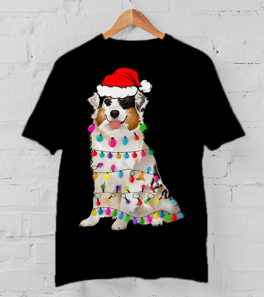 Australian Shepherd Wrapped In Christmas Lights With Santa Hat T-Shirt