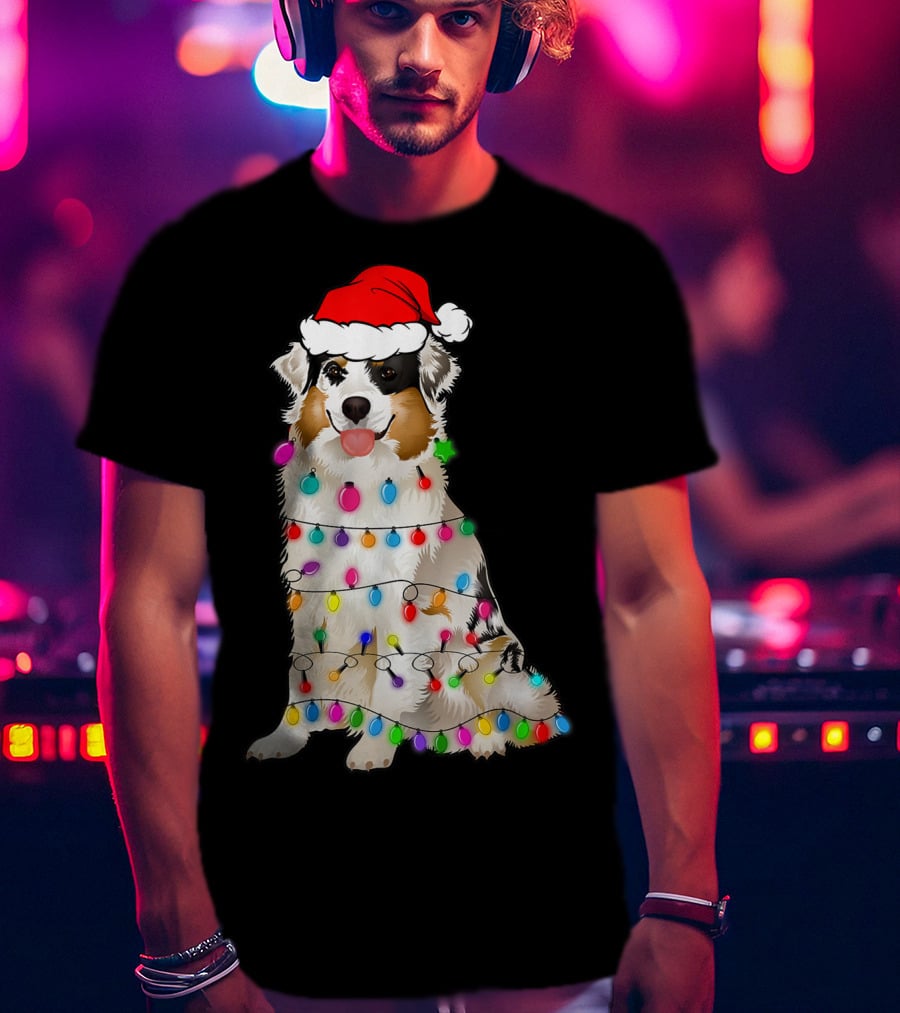 Australian Shepherd Wrapped In Christmas Lights With Santa Hat T-Shirt