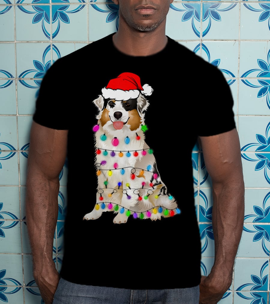 Australian Shepherd Wrapped In Christmas Lights With Santa Hat T-Shirt