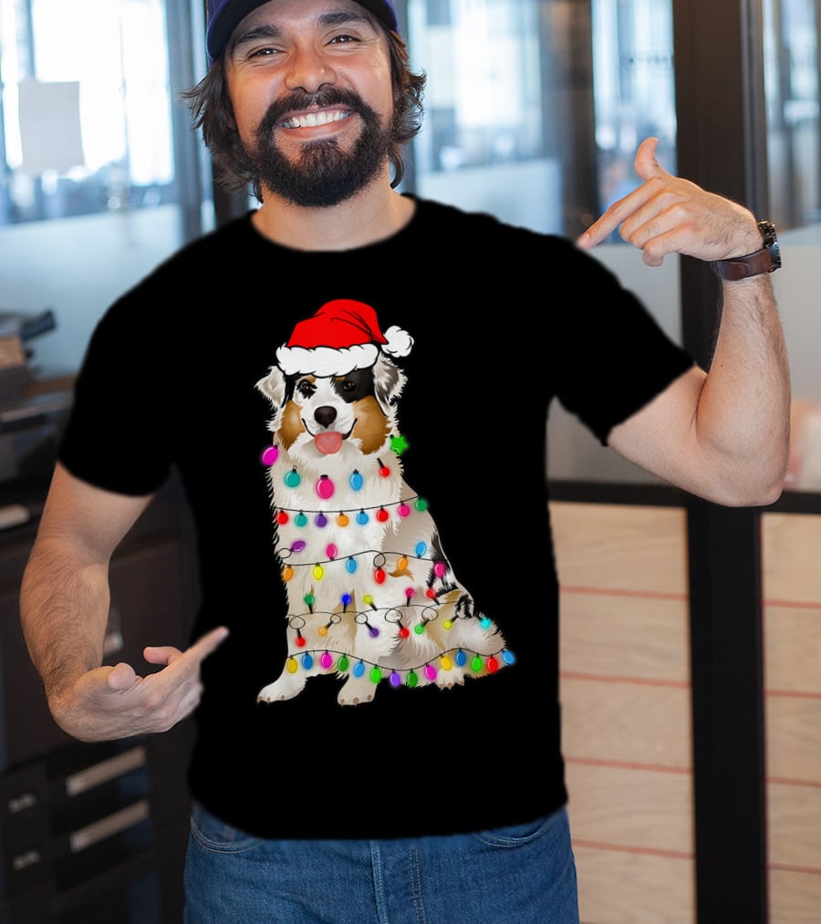 Australian Shepherd Wrapped In Christmas Lights With Santa Hat T-Shirt