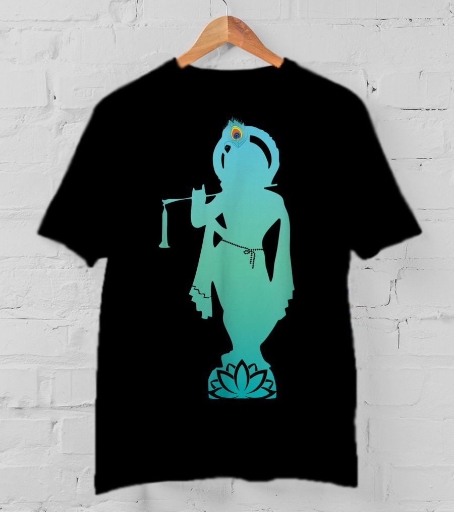 Divine Glory Lord Krishna Flute Silhouette With Peacock Feather And Lotus T-Shirt