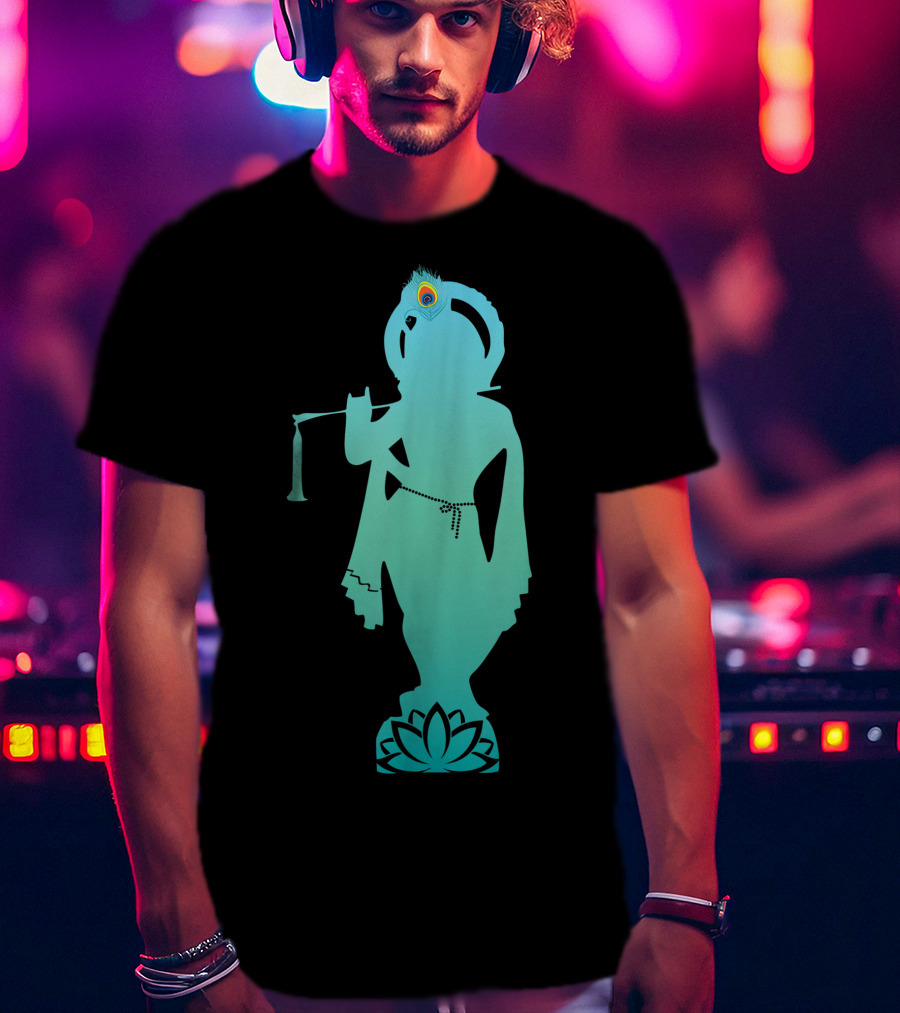 Divine Glory Lord Krishna Flute Silhouette With Peacock Feather And Lotus T-Shirt