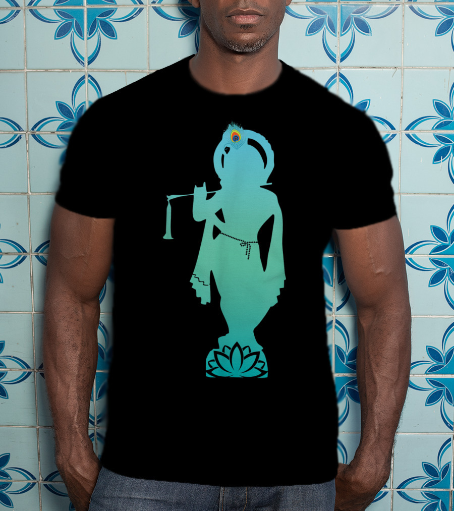 Divine Glory Lord Krishna Flute Silhouette With Peacock Feather And Lotus T-Shirt