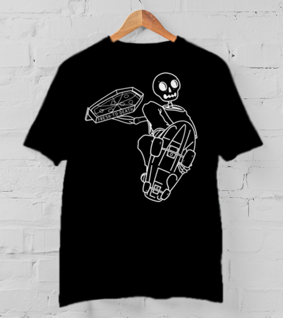Fakie's Pizza Fresh To Death Skelly Skateboard T-Shirt