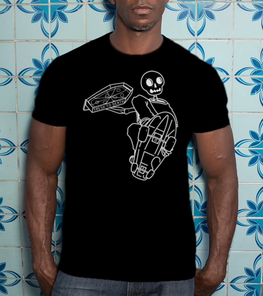 Fakie's Pizza Fresh To Death Skelly Skateboard T-Shirt