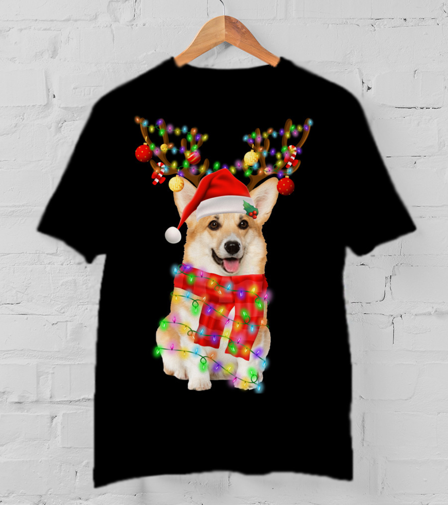 Funny Christmas Corgi Reindeer With Santa Hat And Festive Lights T-Shirt