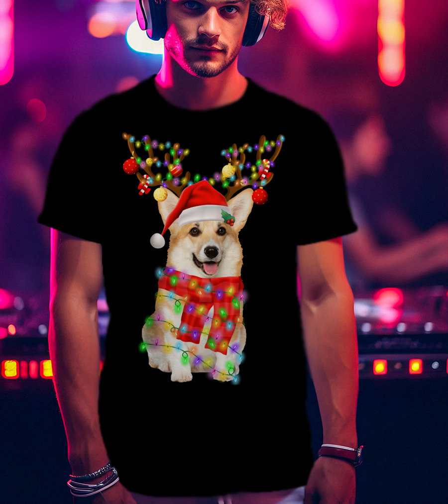 Funny Christmas Corgi Reindeer With Santa Hat And Festive Lights T-Shirt