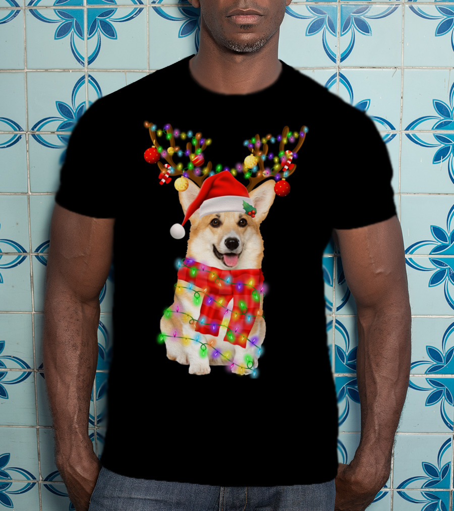 Funny Christmas Corgi Reindeer With Santa Hat And Festive Lights T-Shirt