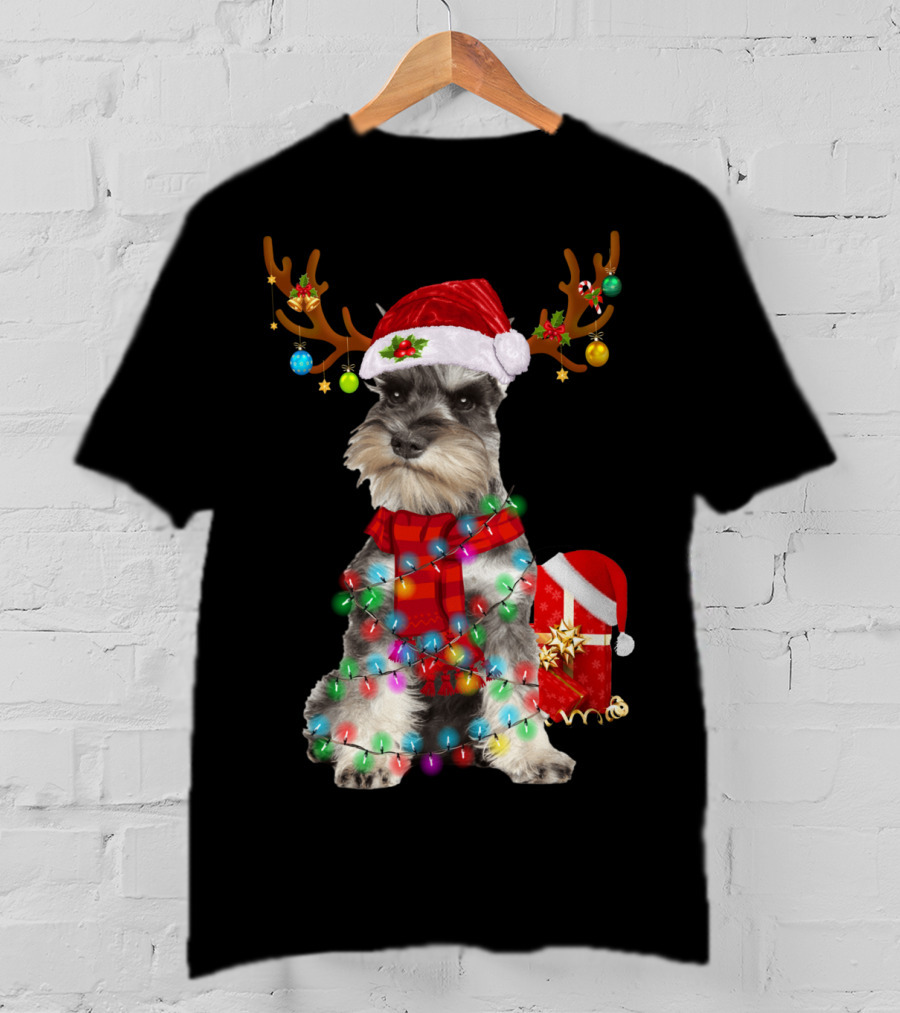 Funny Santa Hat Reindeer Miniature Schnauzer Christmas Lights T-Shirt