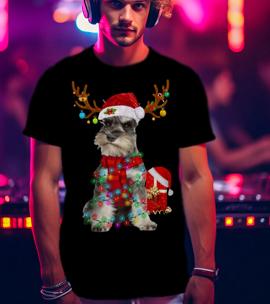 Funny Santa Hat Reindeer Miniature Schnauzer Christmas Lights T-Shirt