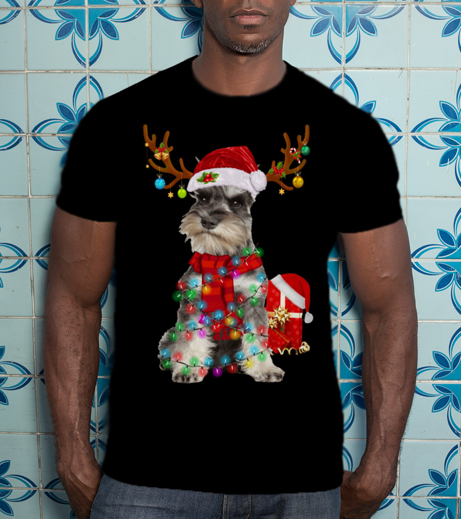 Funny Santa Hat Reindeer Miniature Schnauzer Christmas Lights T-Shirt