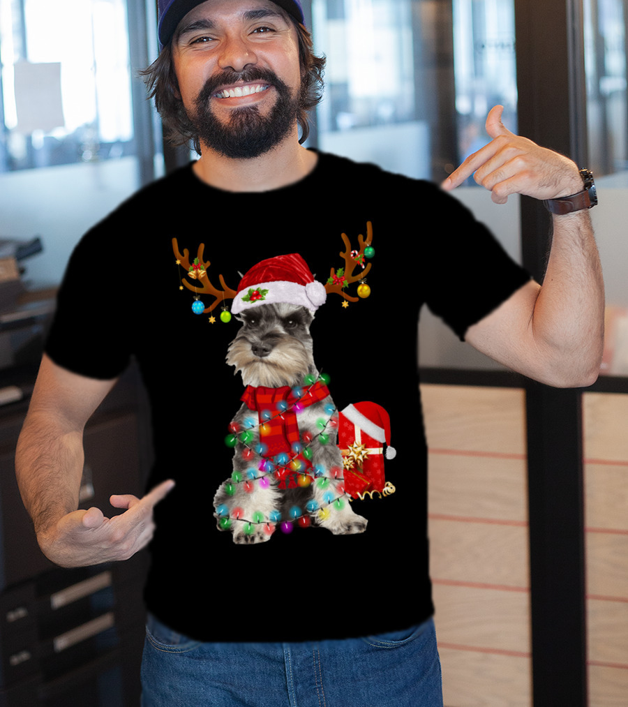 Funny Santa Hat Reindeer Miniature Schnauzer Christmas Lights T-Shirt