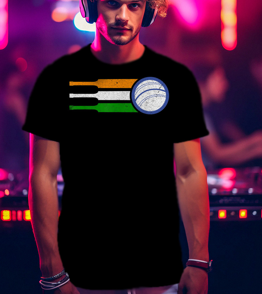 India Cricket Team Fan Flag With Cricket Ball And Tricolor T-Shirt