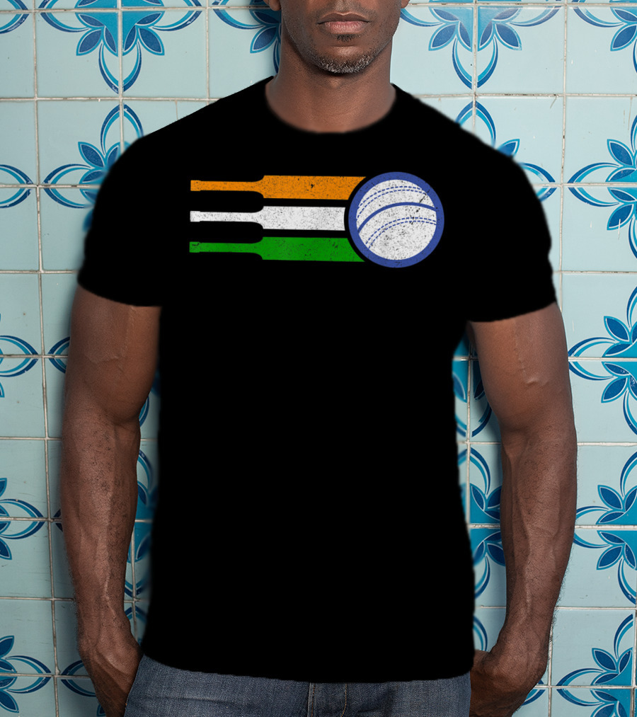 India Cricket Team Fan Flag With Cricket Ball And Tricolor T-Shirt