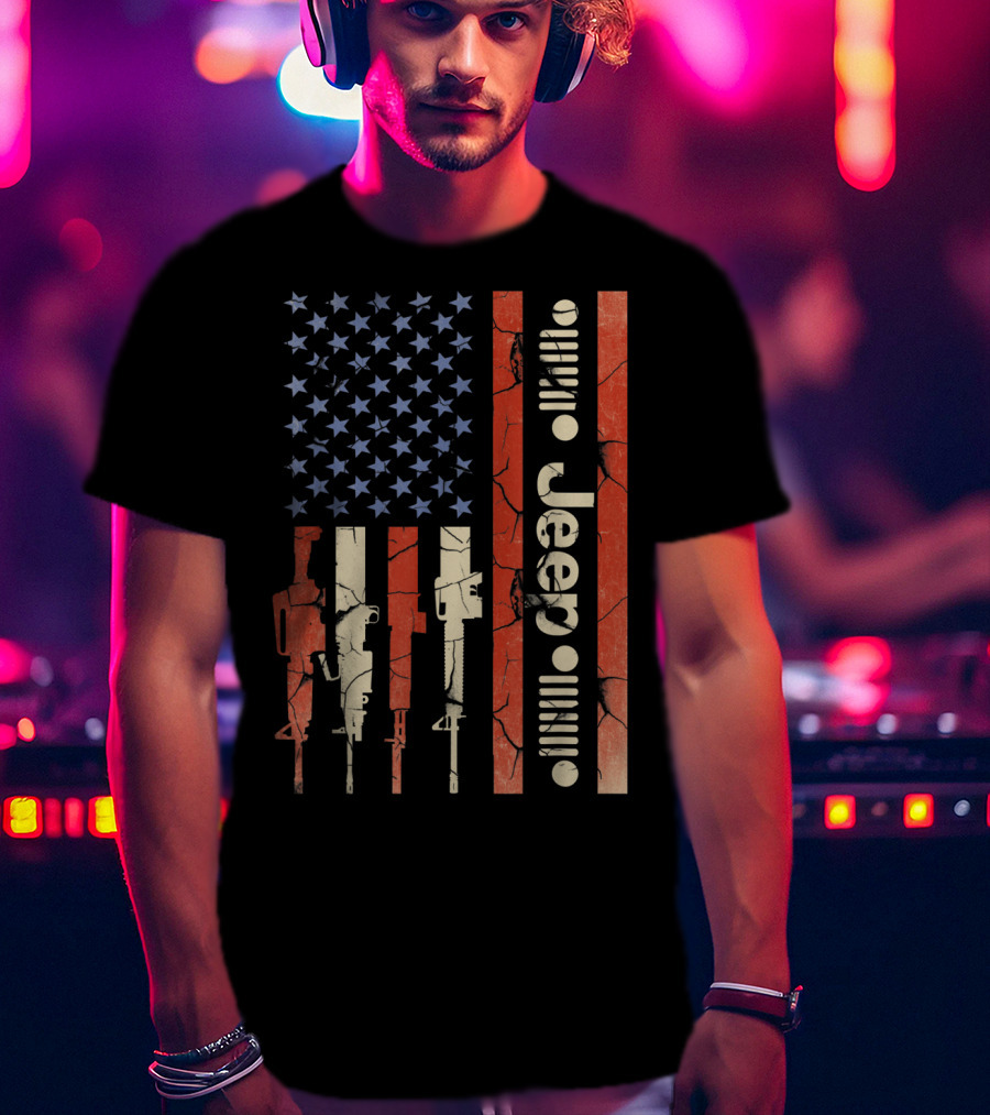 Jeep American Flag With Gun Design For Jeep Lovers T-Shirt