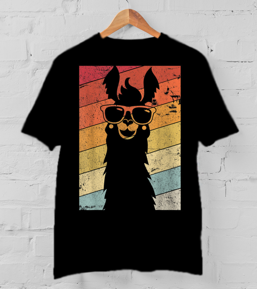 Retro Llama Style Alpaca With Sunglasses On Colorful Stripes T-Shirt
