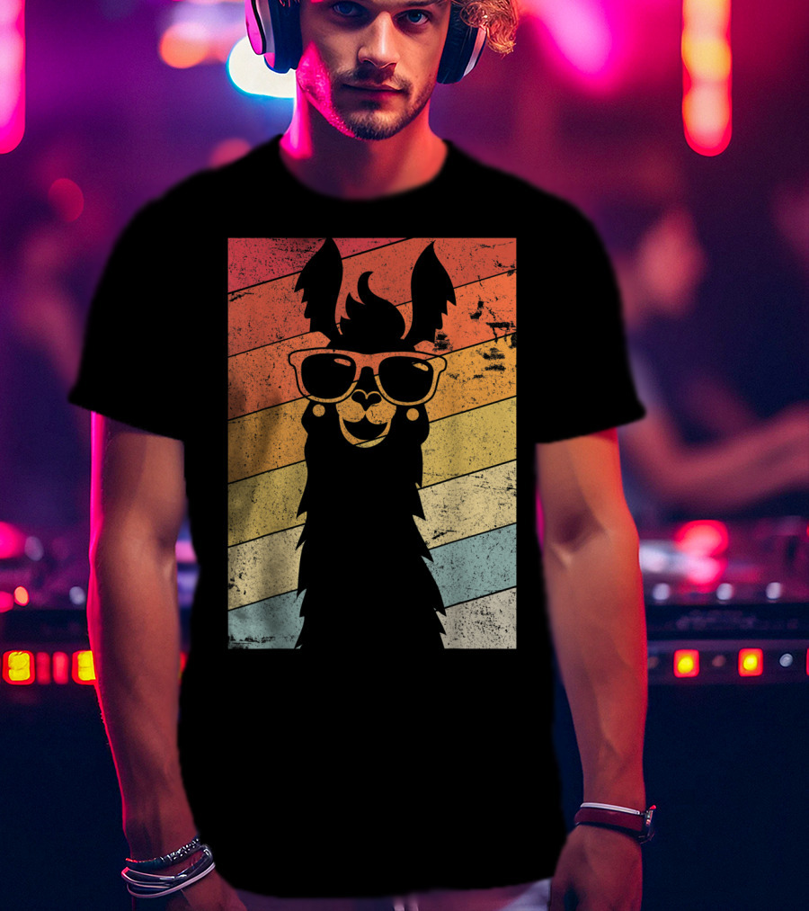 Retro Llama Style Alpaca With Sunglasses On Colorful Stripes T-Shirt