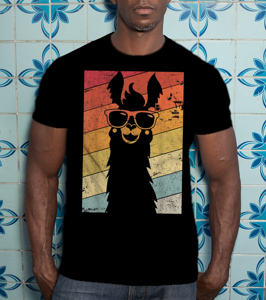 Retro Llama Style Alpaca With Sunglasses On Colorful Stripes T-Shirt