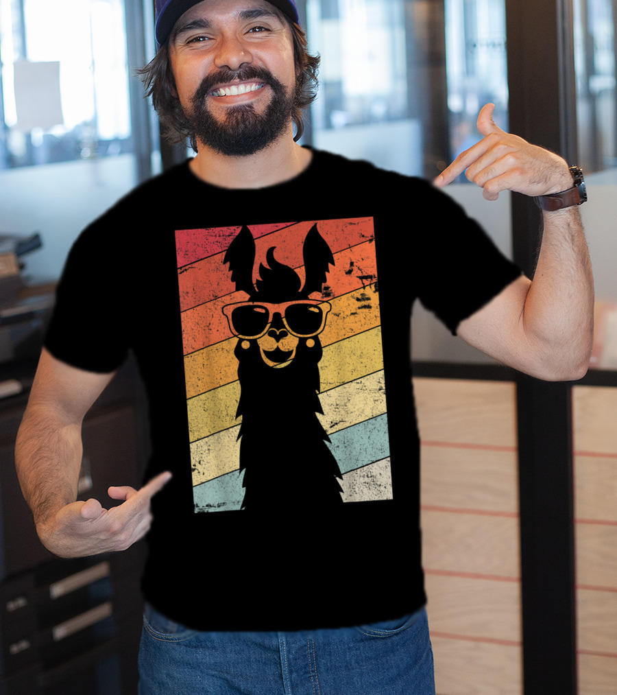 Retro Llama Style Alpaca With Sunglasses On Colorful Stripes T-Shirt