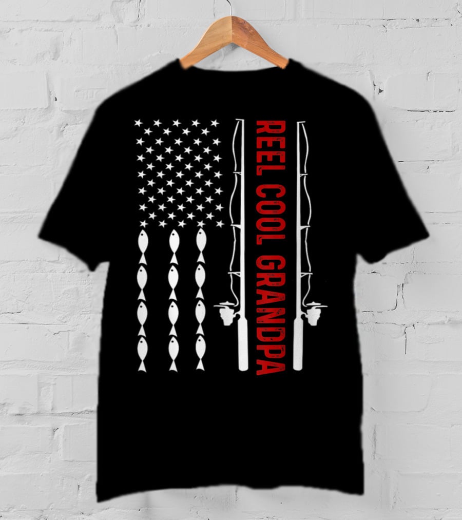 Reel Cool Grandpa Fishing Flag With Stars And Fish Rods T-Shirt