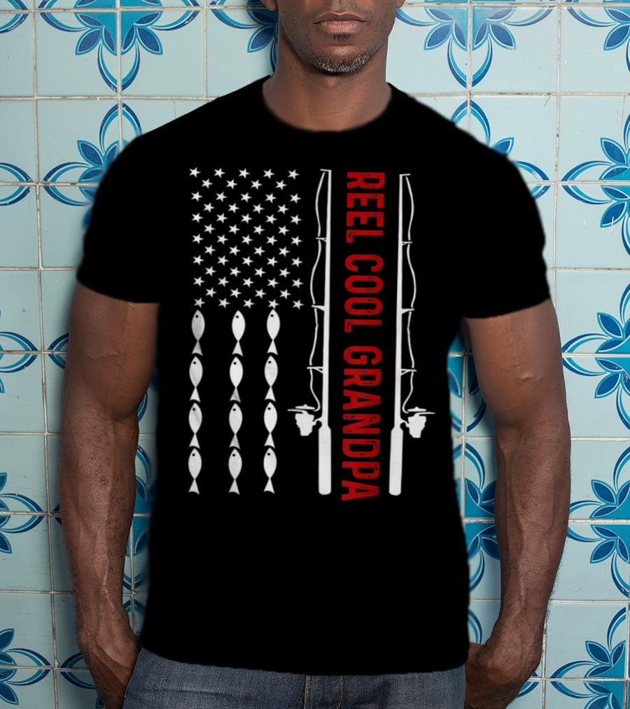 Reel Cool Grandpa Fishing Flag With Stars And Fish Rods T-Shirt
