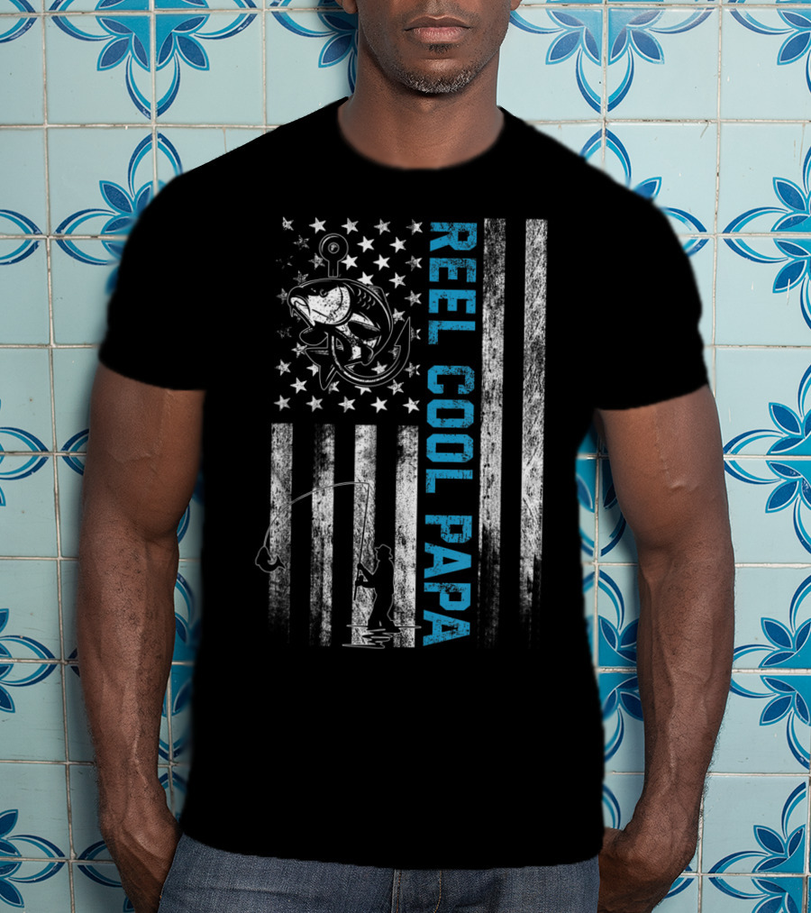 Reel Cool Papa American Flag Fishing Fish T-Shirt