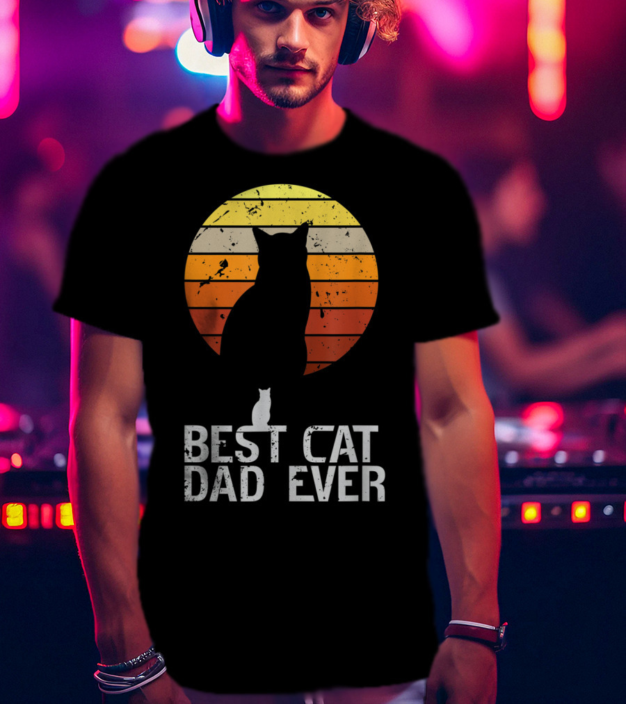 Mens Vintage Best Cat Dad Ever Cat Daddy Retro Sunset T-Shirt